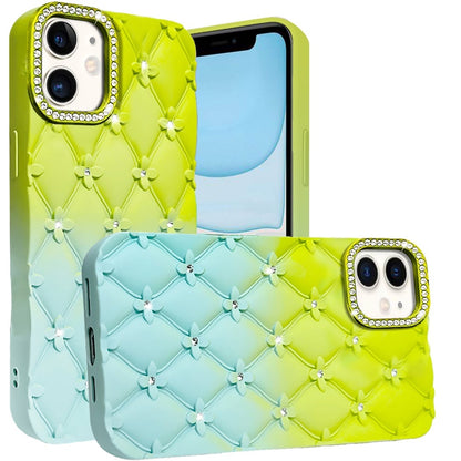 For Apple iPhone 11 Fashion Flower Design Sparkle Glitter Shimmer Rhinestone Bling Floral Accents, Leather Texture TPU Case Cover Light Green/Teal