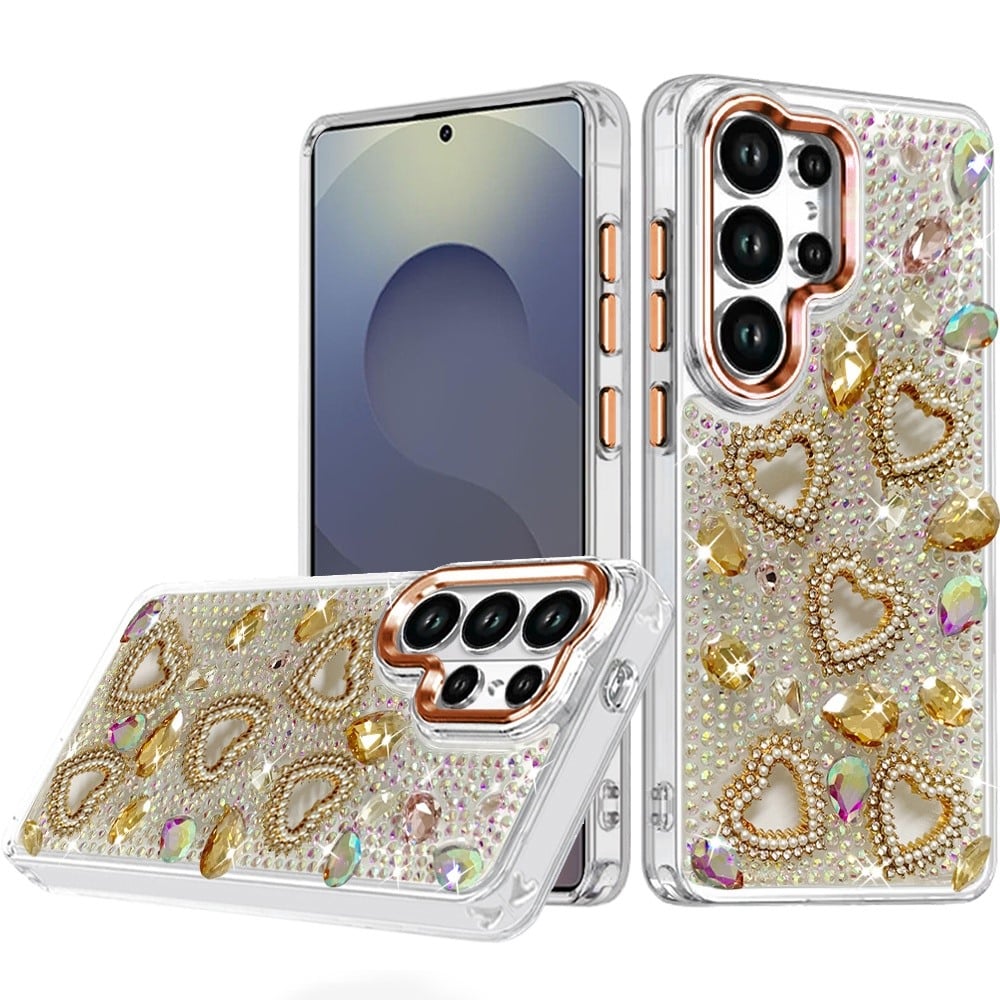 Phone Case for Samsung Galaxy S25 Ultra Luxury Crystal Heart Rhinestone Diamond Bling Shockproof Hybrid Glitter Protective Stylish Durable Grip Cover