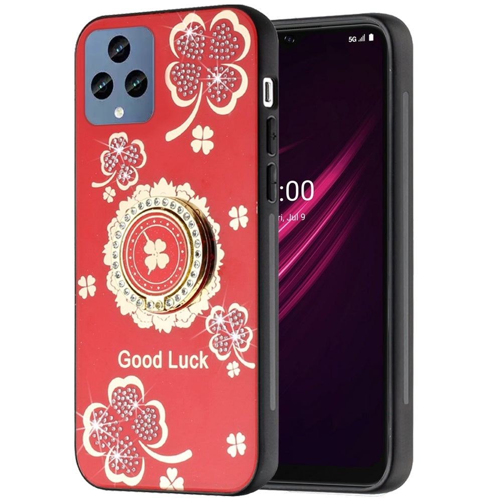 For Samsung Galaxy Z Flip 7 FE Diamonds 3D Fashion Floral Bling Sparkly Glitter Ornaments Engraving Hybrid with Ring Stand Case Cover Red Good Luck Floral