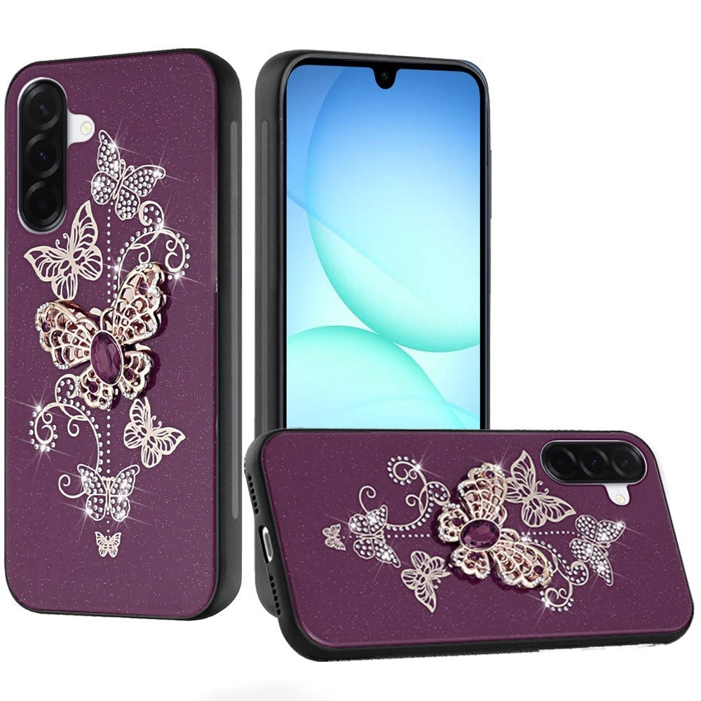 Phone Case for Galaxy A17 5G Diamond Glitter 3D Butterfly Engraved Luxury Bling Hybrid Shockproof Chrome Edge Protective Durable Grip Cover Purple