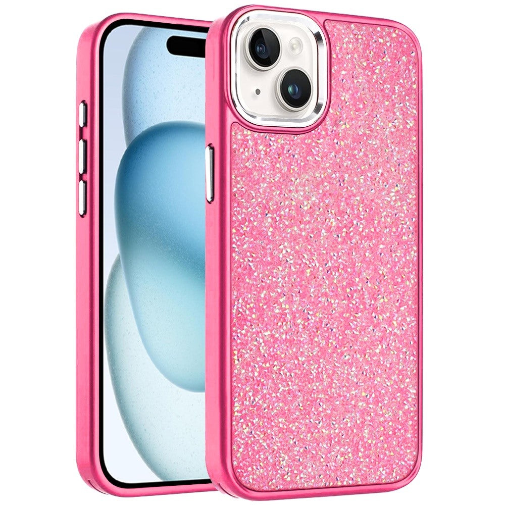 For iPhone 15 (6.1") Crystal Sparkle Diamond Glass Full Mini Glitter Bling Frame TPU Hybrid Protective Case Cover