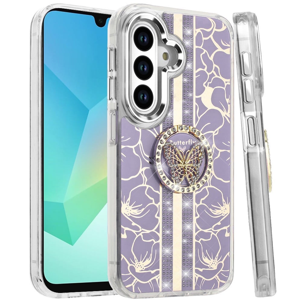For Samsung Galaxy A16 5G Diamonds 3D Butterfly Floral Design Bling Sparkly Glitter Hybrid Metal Fashion with Ring Stand Case Cover