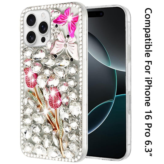 Phone Case for Apple iPhone 16 Pro Luxury Full Diamond Glitter 3D Floral Ornament Hybrid Shockproof Stylish Rhinestone Designer Protective Elegant Cover