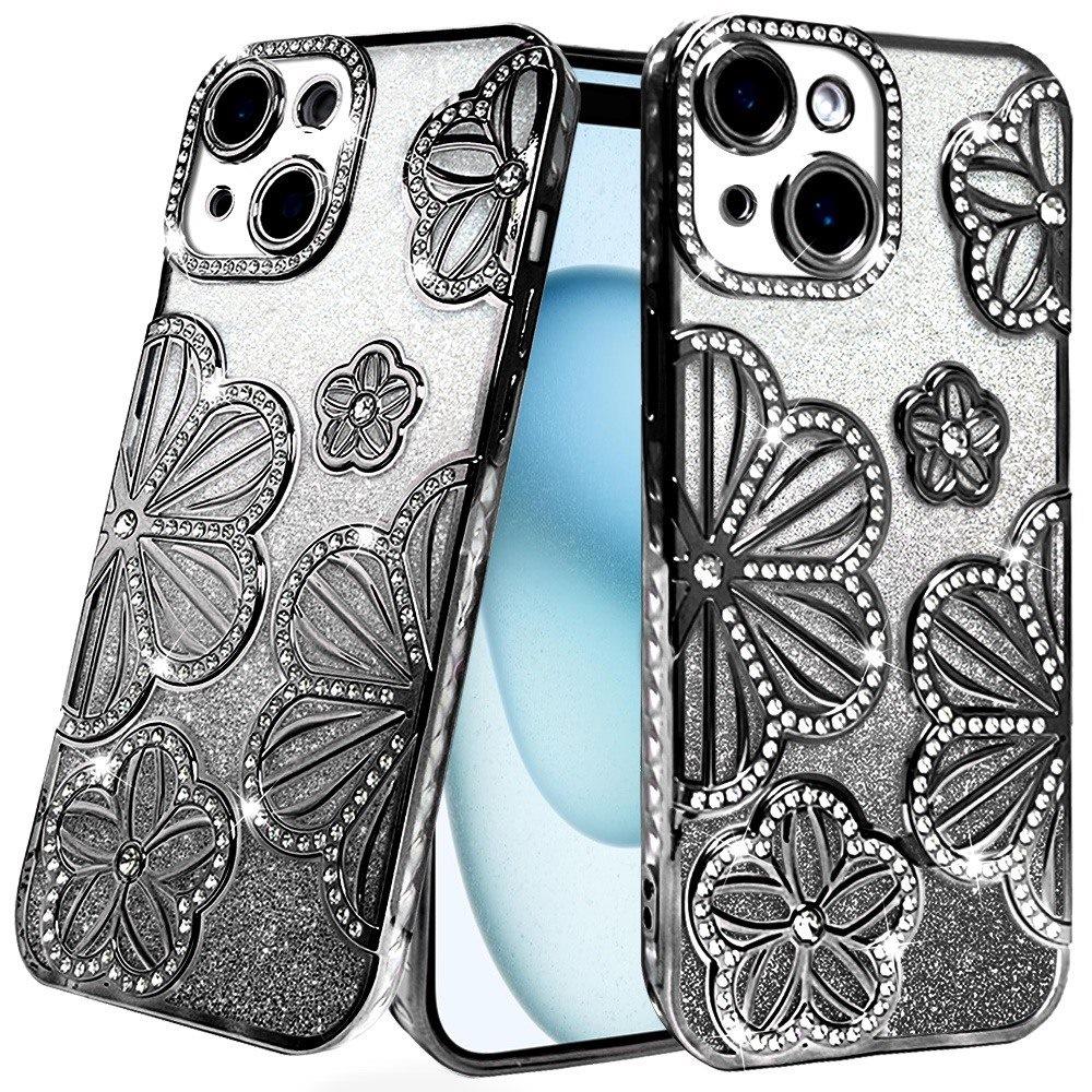 For Apple iPhone 15 Luxury Flower Design Sparkle Glitter Diamond Rhinestone Shimmer Bling Plating Thick TPU Hard PC Case Cover