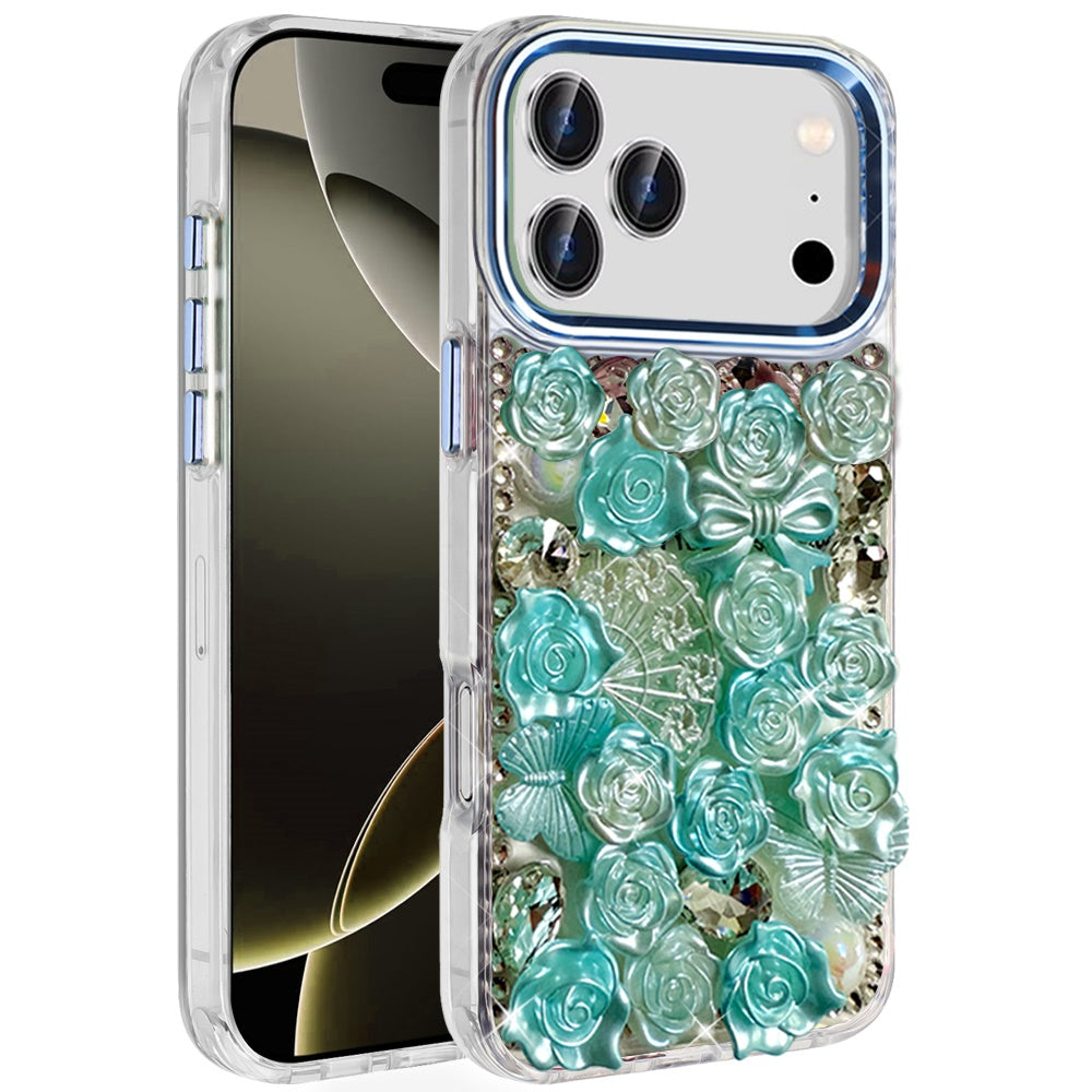 For Apple iPhone 17 Pro Max (6.9") Muti-Color Floral Fashion Bling Crystal 3D Full Diamonds Stones Sparkle Rhinestone Glitter Hybrid Case Cover