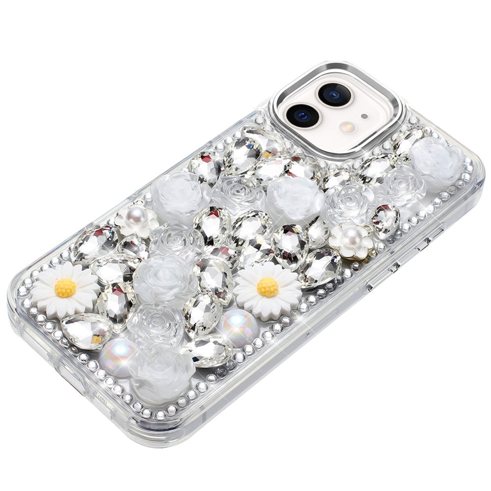 For Samsung Galaxy A36 Fashion Daisy Floral Series, Full 3D Bling Crystal Diamonds Sparkling Rhinestone Glitter Hybrid Design Case Cover Silver