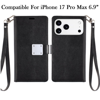 For Apple iPhone 17 Pro Max (6.9") Wallet Cases PU Leather with Credit Card /ID /Cash Holder Slot Dual Flip Book Pouch, Stand and Strap Case Cover