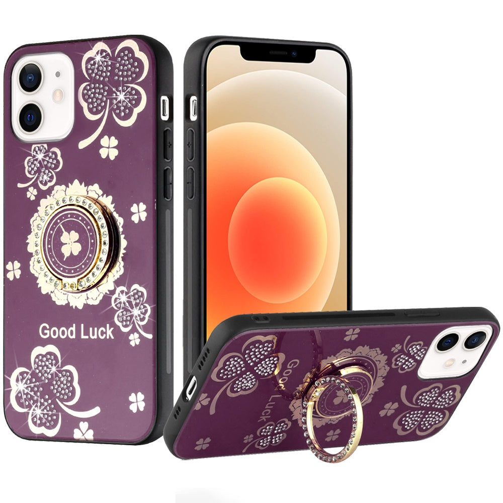 Phone Case for Apple iPhone 12 /12 Pro Diamond 3D Fashion Floral Glitter Engraved Luxury Bling Hybrid Shockproof Chrome Edge Protective Grip Cover Purple