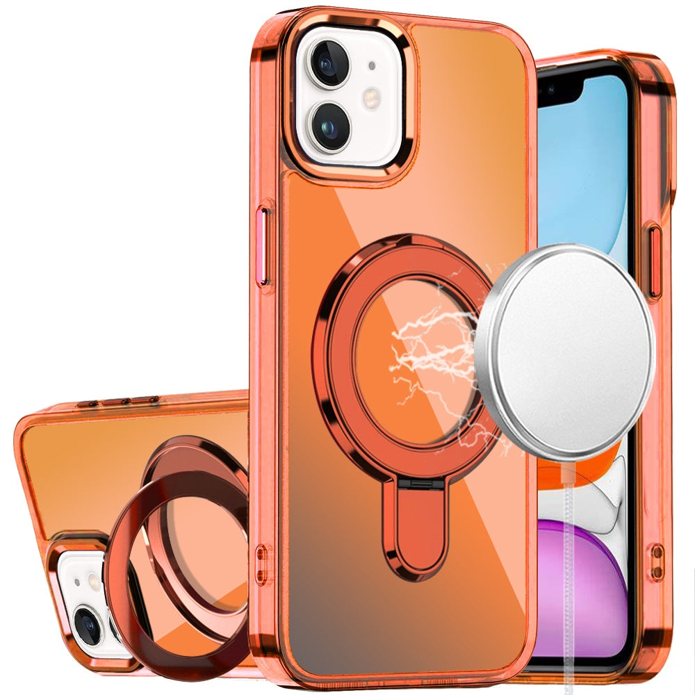 For Apple iPhone 11 Chrome Hybrid with Rotating Magnetic Circle Ring Stand, Slim Shockproof Hybrid Case Cover Cosmic Orange