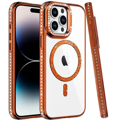 Phone Case for Apple iPhone 14 Pro Max Luxury Diamond Bling Edged Magnetic Glitter Shockproof Hybrid with Camera Kickstand Durable Grip Cover