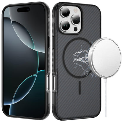 Phone Case for Apple iPhone 16 Pro Max Shockproof Magnetic Carbon Fiber Texture Metallic Button Rugged Grip Anti Fingerprint Heavy Duty Hybrid Armor Cover Black