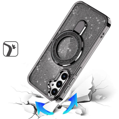 For Samsung Galaxy S26 Transparent Glitter Bling Case with Rotating Magnetic Ring Stand, Shockproof Hybrid Case Cover