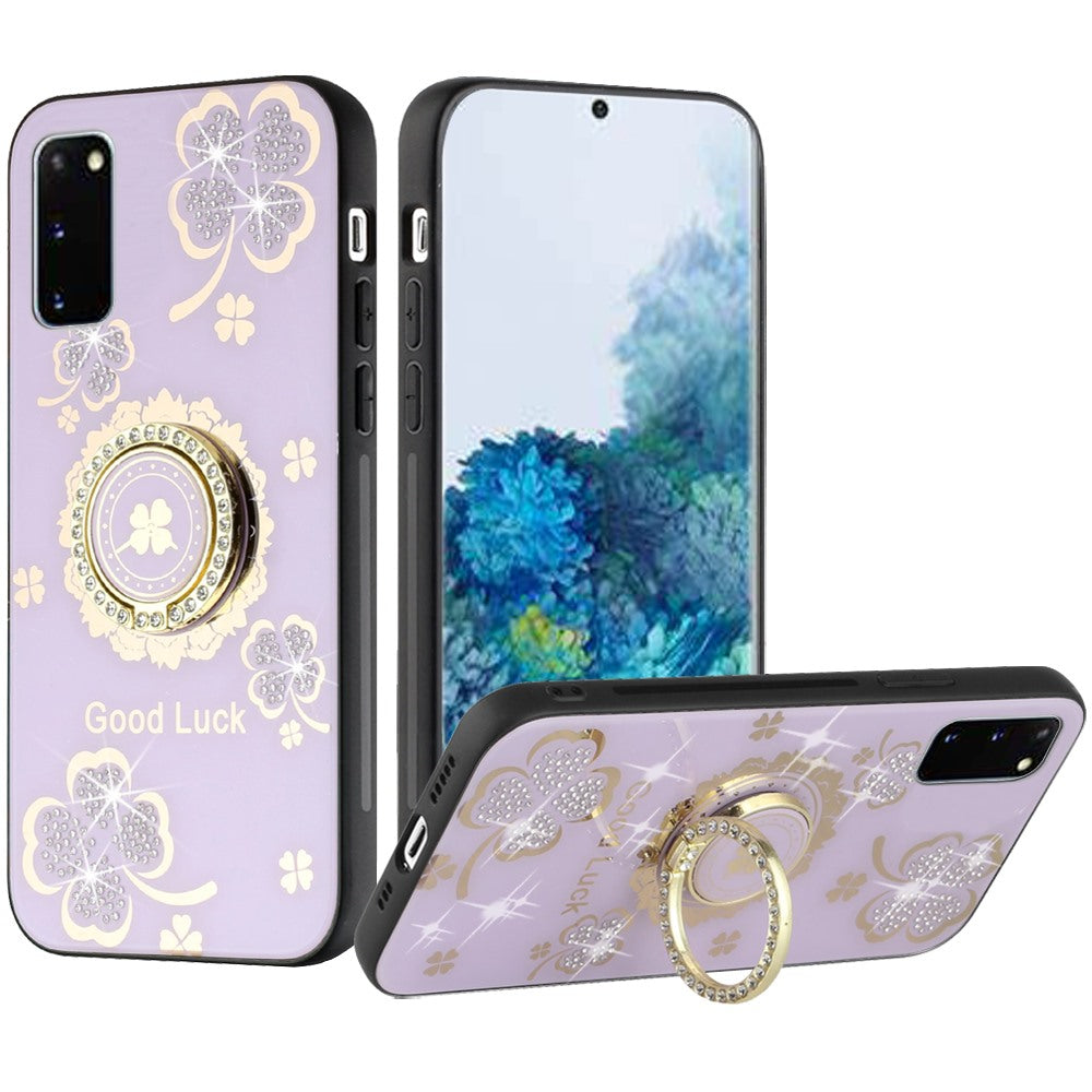 For Samsung Galaxy S20 Diamonds 3D Fashion Floral Bling Sparkly Glitter Ornaments Engraving Hybrid with Ring Stand Case Cover Purple Good Luck Floral