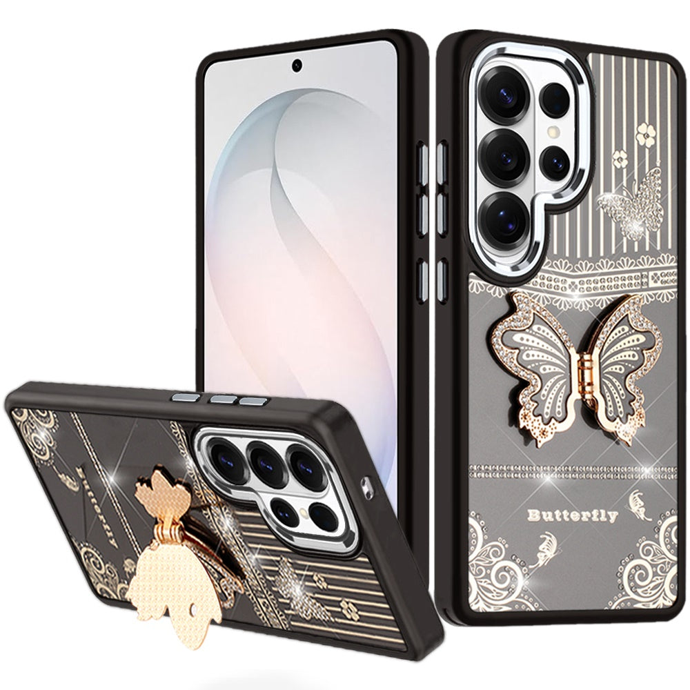 For Samsung Galaxy S26 Ultra Glitter 3D Butterfly Design Bling Metallic Edge Hybrid Stand Drop Protection TPU Shockproof Case Cover