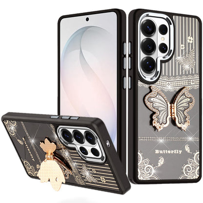 For Samsung Galaxy S26 Ultra Glitter 3D Butterfly Design Bling Metallic Edge Hybrid Stand Drop Protection TPU Shockproof Case Cover