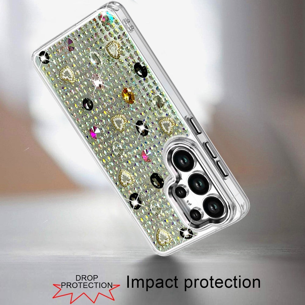 Phone Case for Samsung Galaxy S26 Ultra Chrome Fashion Hybrid Bling Diamond Heart Rhinestone Decorative Stones Sparkling Embellished Design Cover
