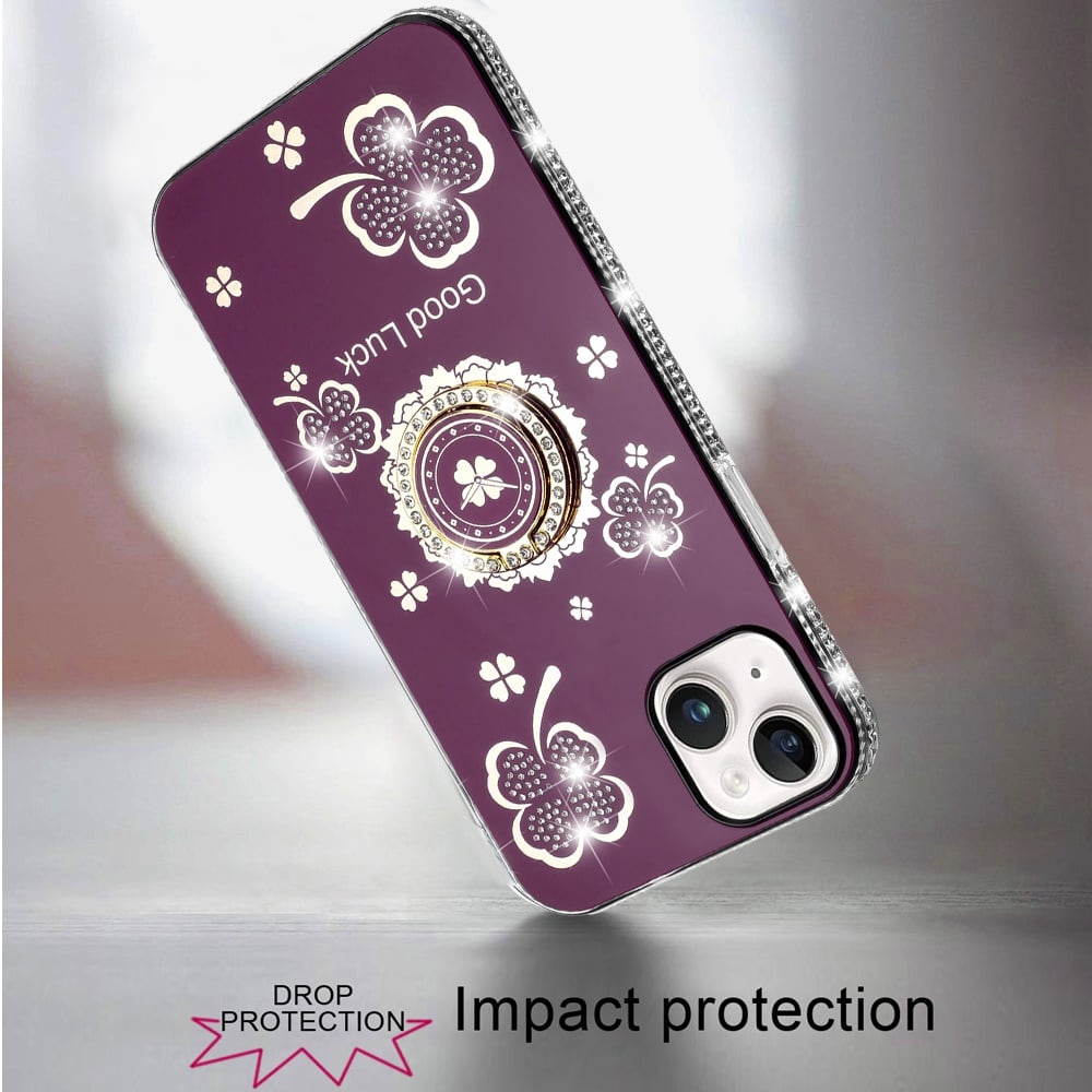 Phone Case for iPhone 15 Plus (6.7") Glitter Diamond Ring Stand Sparkle Rhinestone Edge AntiSlip Kickstand Luxury Fashion Bumper Shockproof Cover Red