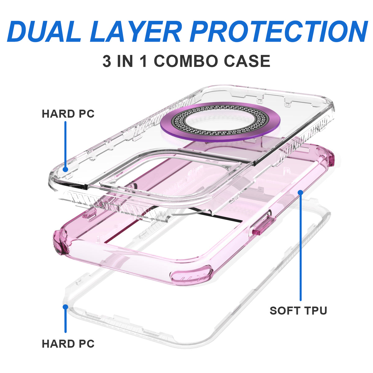 For Apple iPhone 17E /16E Magnetic Circle Compatible with Magsafe, Hybrid Chrome 3in1 Transparent Shockproof TPU Bumper Case Cover Pink