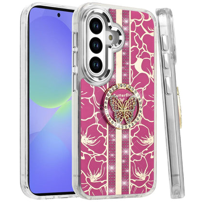 Phone Case for Samsung Galaxy A56 / A36 Floral Butterfly Ring Stand Glitter Bling Shockproof Hybrid Luxury Fashion Protective Anti Slip Durable Grip Cover