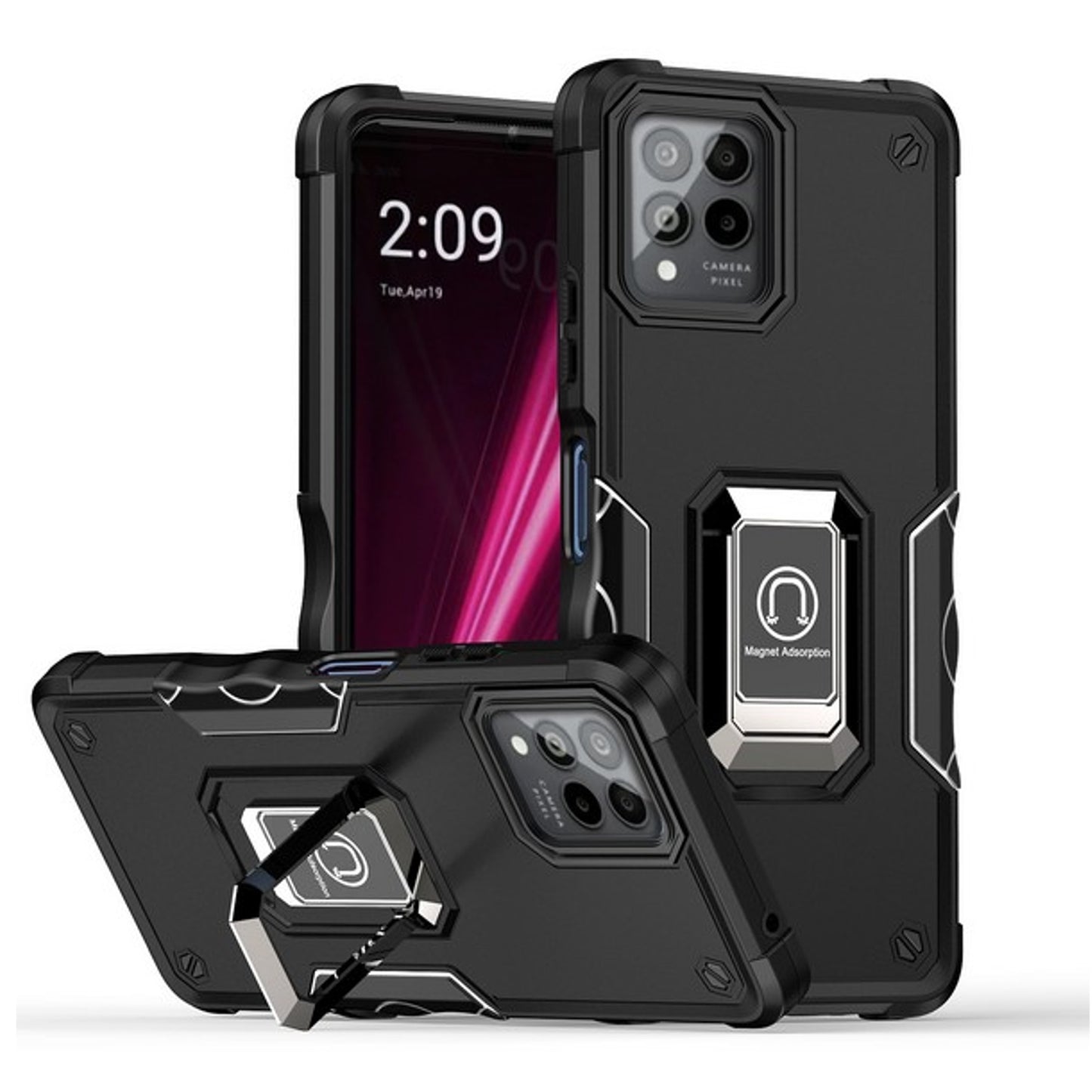 For Gabb Phone 4 Pro Heavy Duty Hybrid 2in1 Hard PC & TPU Rugged Bumper Shockproof with Magnetic Ring Kickstand Case Cover Black