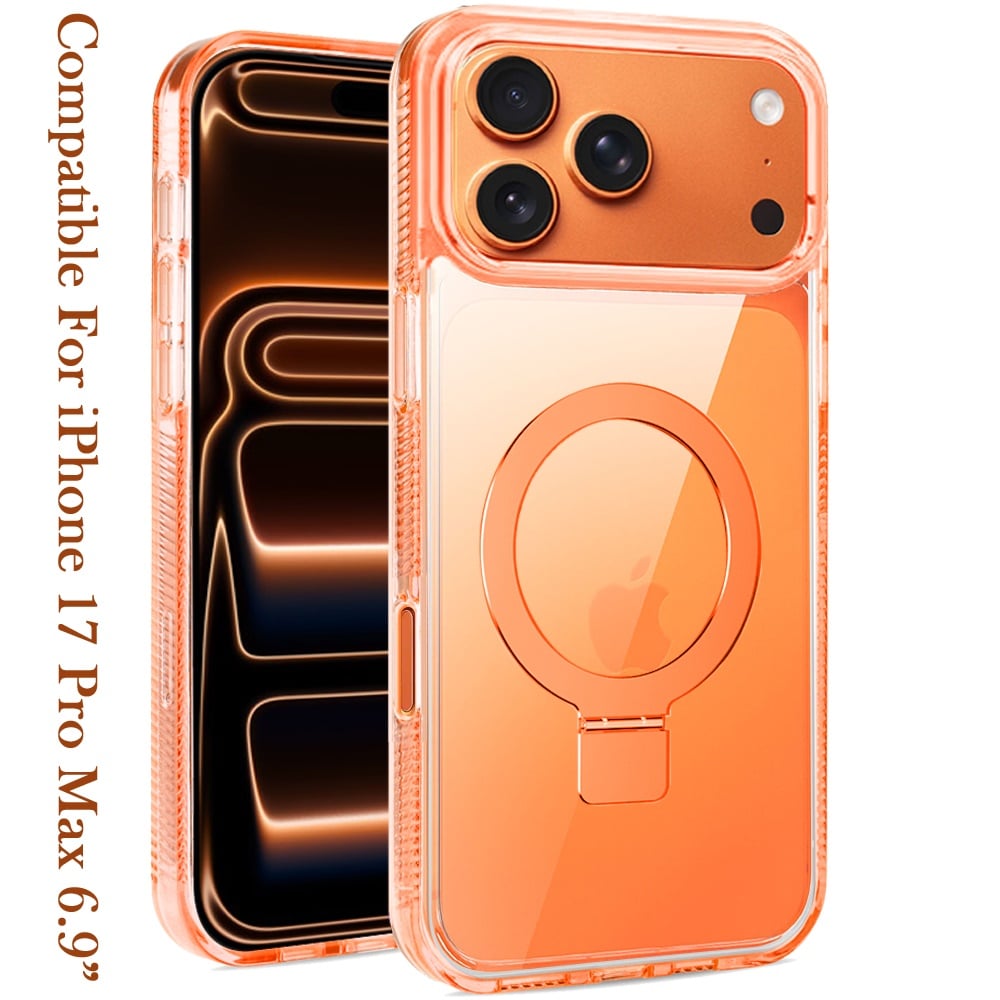 Phone Case for Apple iPhone 17 Pro Max (6.9") Transparent Dotted Edge Magnetic Ring Stand Shockproof Hybrid Grip Kickstand Clear Rugged Drop Protection Cover Cosmic Orange