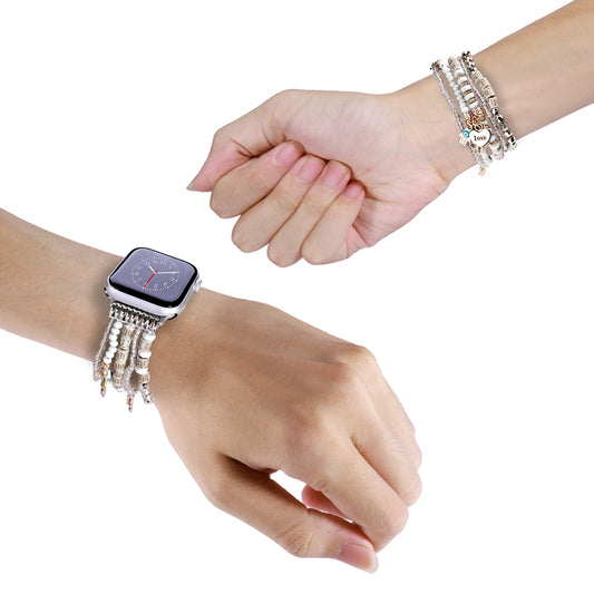 Watch Band for Apple Watch 38/40/41mm, Series 1-8 & SE Beaded Stretch Bracelet Love Charm Pendant Elastic Comfortable Replacement Strap White