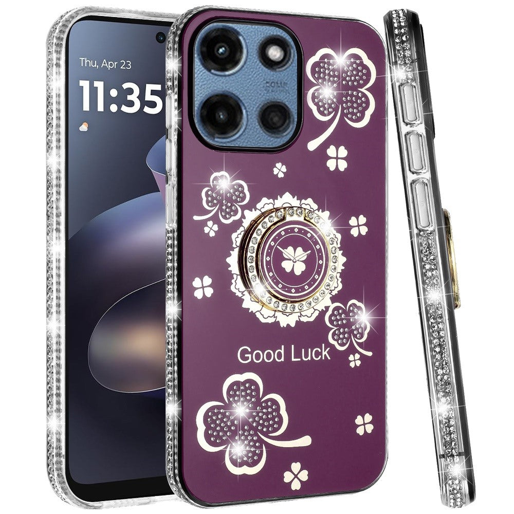 Phone Case for Motorola Moto G Play 5G 2026 Glitter Diamond Ring Stand Sparkle Rhinestone Edge AntiSlip Kickstand Luxury Fashion Bumper Shockproof Cover Purple