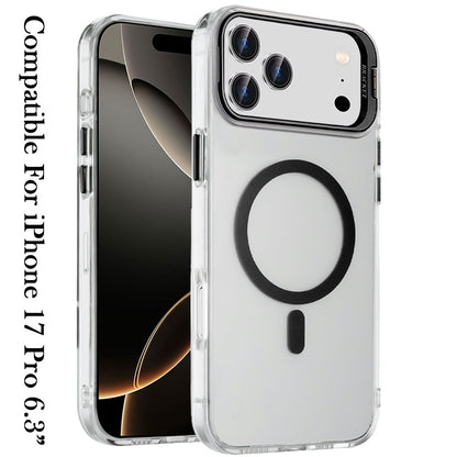 For Apple iPhone 17 Pro (6.3") Magnetic Back MagSafe Compatible Transparent Hybrid Drop Protection with Metallic Camera Stand Case Cover