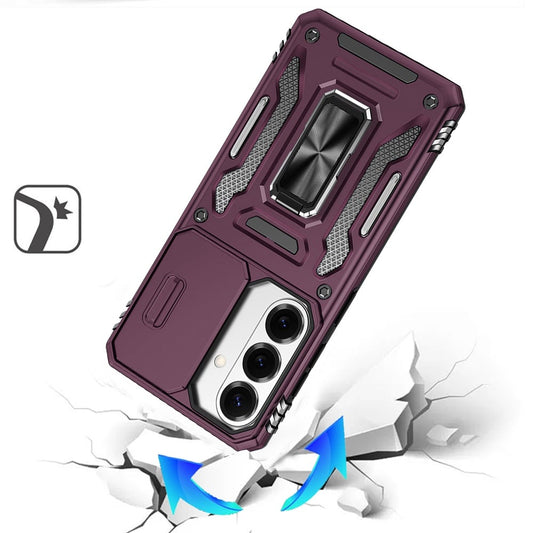 Phone Case for Samsung Galaxy S26 FE /Fan Edition Tough Metal Ring Shockproof Sliding Camera Window Hybrid Armor Rugged Anti Slip Heavy Duty Grip Cover Purple