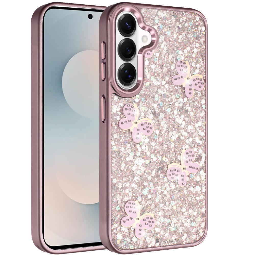 For Samsung Galaxy S26 Cute Butterfly Crystal Diamond Glitter Case Sparkle Bling Frame Metallic Edges, Shimmer TPU Hybrid Case Cover