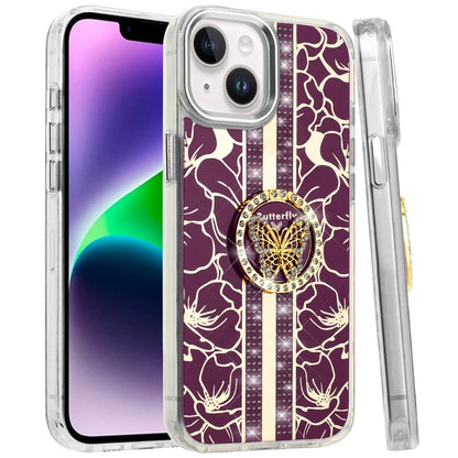 Phone Case for Apple iPhone 14 Floral Butterfly Ring Stand Glitter Bling Shockproof Hybrid Luxury Fashion Protective Anti Slip Durable Grip Cover Purple