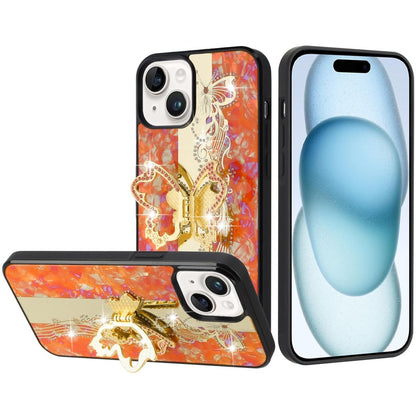For iPhone 15 Plus (6.7") Diamonds 3D Fashion Bling Sparkly Glitter Ornaments Engraving Hybrid with Ring Stand Case Cover