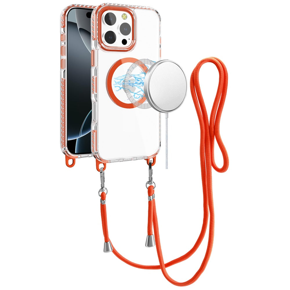 Phone Case for Apple iPhone 16 Pro Max Transparent Magnetic Lanyard Shockproof Hybrid Clear Grip Durable Camera Protection TPU Anti-Slip Design Cover Cosmic Orange