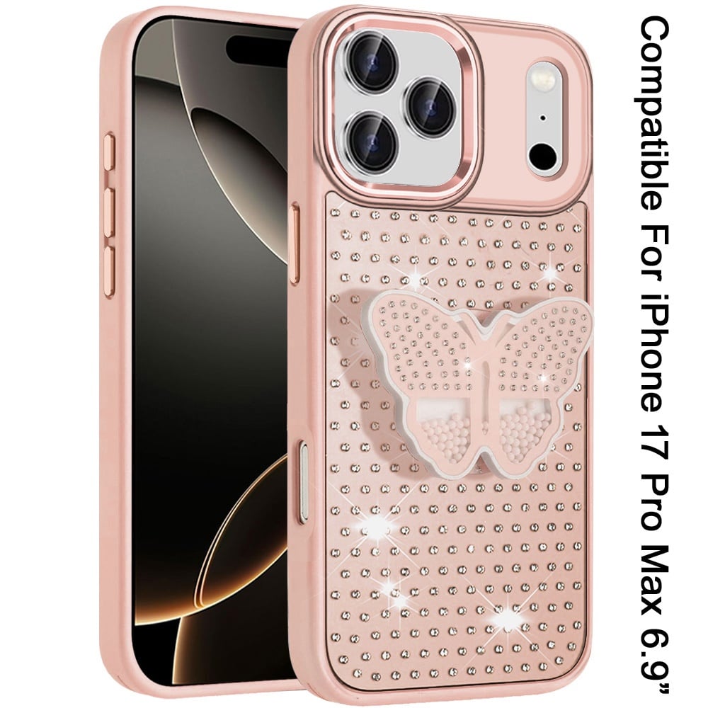 For Apple iPhone 17 Pro Max (6.9") Butterfly Moveable Grip 3D Pop Stand Full Diamond Bling Sparkling TPU Fashion Hybrid Case Cover