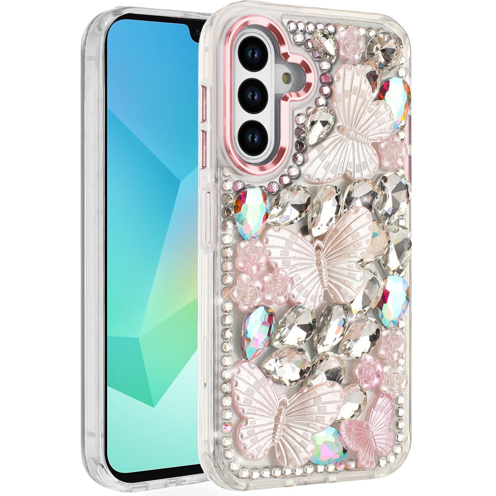 For Samsung Galaxy S25 /S24 3D Diamond Floral Butterfly Bling Stone Hybrid, Sparkly Rhinestone Gemstone Back Shockproof Case Cover