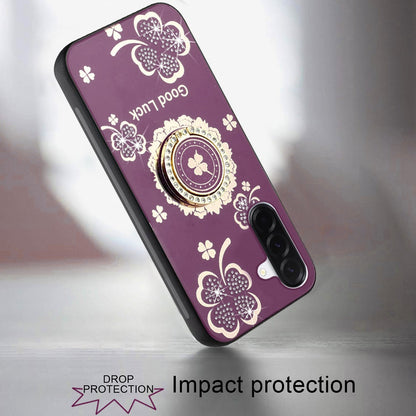 Phone Case for Samsung Galaxy A27 Diamond Glitter Butterfly Engraved Ring Stand Luxury Bling Hybrid Shockproof Chrome Edge Protective Durable Grip Cover Purple