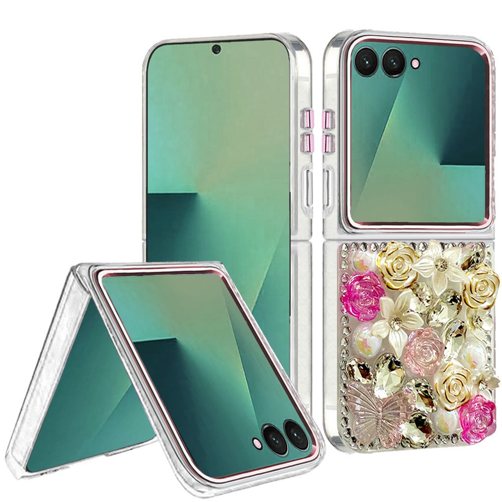 For Samsung Galaxy Z Flip 7 3D Diamond Floral Roses Flower Bling Stone Hybrid, Sparkly Rhinestone Gemstone Back Shockproof Case Cover