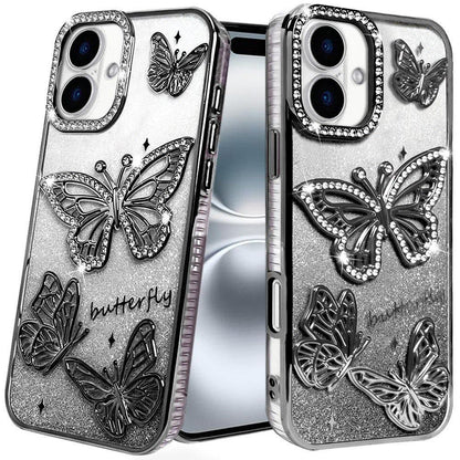 Phone Case for Apple iPhone 16 Plus Butterfly Freedom Shimmer Glitter Thick TPU Shockproof Anti Slip Durable Protective Design Cover Black