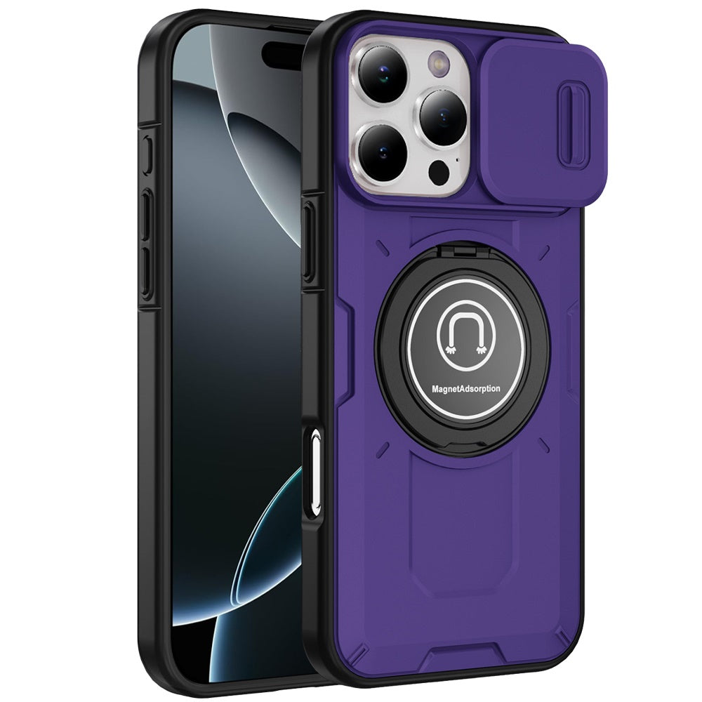 For Apple iPhone 16 Pro Max Build in Invisible Magnetic Ring Stand with Slide Camera Protector, fit Magnetic Car Mount [Compatible with MagSafe] Case Cover