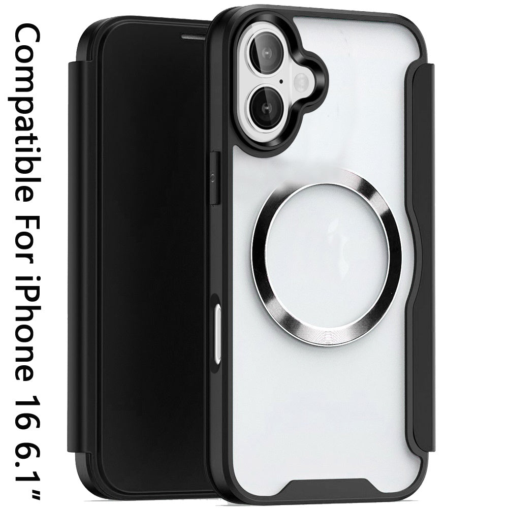For Apple iPhone 16 (6.1") Flap Wallet Case Credit Card Slot, Clear TPU Back Hard [Magnetic Circle] Compatible with Magsafe Case Cover Black