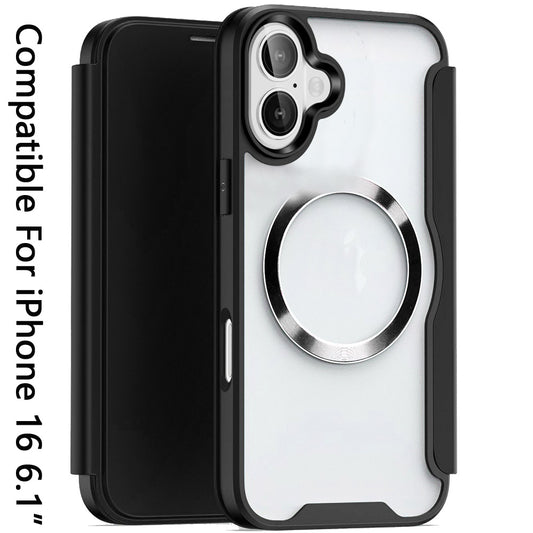 For Apple iPhone 16 (6.1") Flap Wallet Case Credit Card Slot, Clear TPU Back Hard [Magnetic Circle] Compatible with Magsafe Case Cover Black