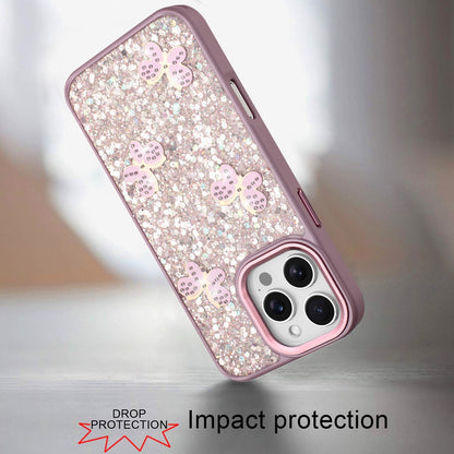 Phone Case for Apple iPhone 16 Pro Max Cute Butterfly Diamond Glitter Metallic Hybrid Shockproof Shimmer Grip Stylish Protective Luxury Designer Cover Pink