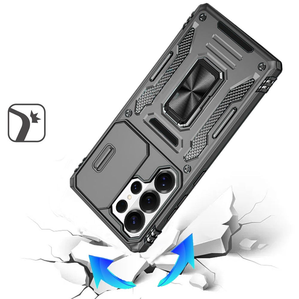 For Samsung Galaxy S26 Ultra Tough Hybrid Case with Movable Camera Window & Metal Ring Stand Shockproof Case Cover