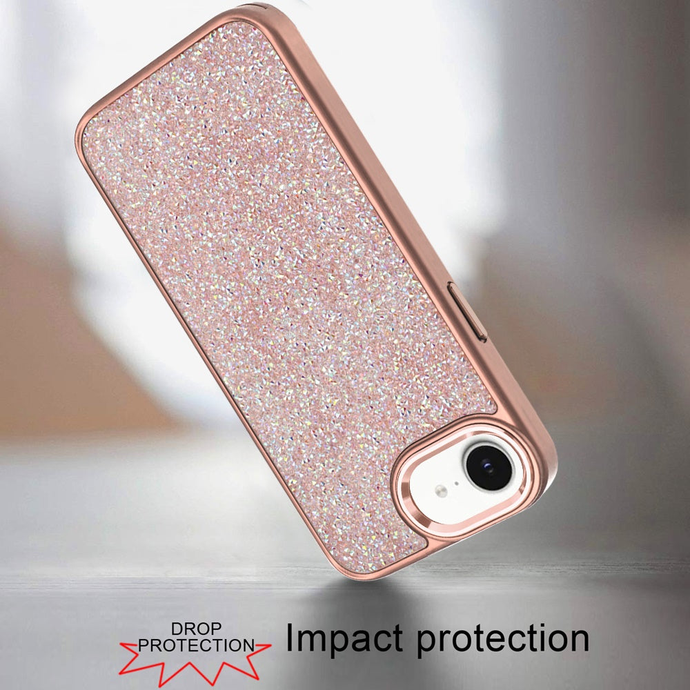 For Apple iPhone 17E /16E Crystal Sparkle Diamond Glass Full Mini Glitter Bling Frame TPU Hybrid Protective Case Cover