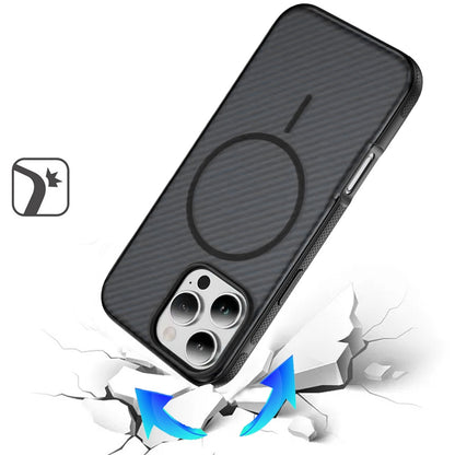 Phone Case for Apple iPhone 16 Pro Max Shockproof Magnetic Carbon Fiber Texture Metallic Button Rugged Grip Anti Fingerprint Heavy Duty Hybrid Armor Cover Black