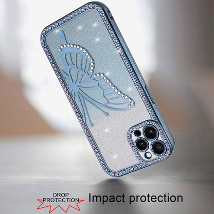 Phone Case for Apple iPhone 12 Pro Max Butterfly Diamond Glitter Shimmer Electroplated Hybrid Luxury Sparkle Rhinestone Protective Stylish Shockproof Cover Blue