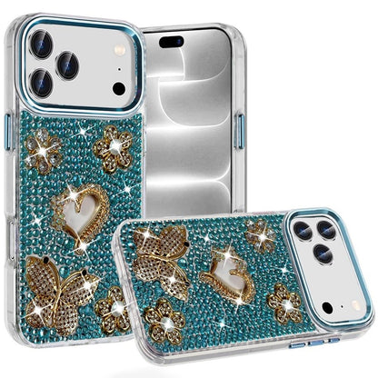 Phone Case for Apple iPhone 18 Pro/ iPhone 17 Pro Luxury Crystal Butterfly Floral Jeweled Heart Full Diamond Design, Sparkling Decorative Details, Elegant Style Cover Blue
