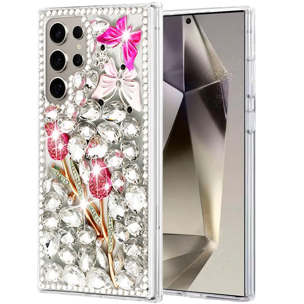 Phone Case for Samsung Galaxy S24 Ultra Luxury Full Diamond Glitter 3D Floral Ornament Hybrid Shockproof Stylish Rhinestone Designer Protective Elegant Cover