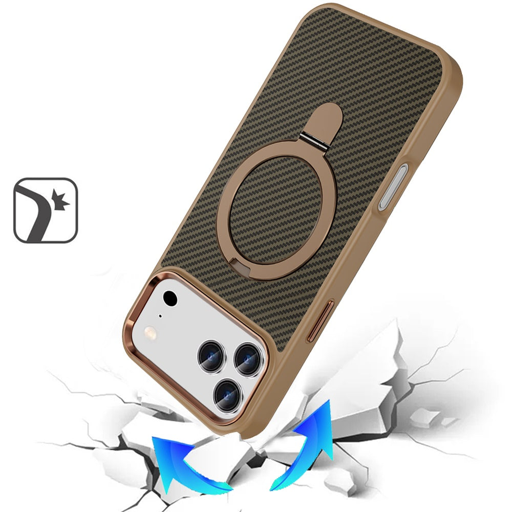For Apple iPhone 17 Pro Max (6.9") Hybrid Carbon Fiber Design with MagSafe Compatible [Magnetic Circle], Ring Stand Shockproof Slim TPU Case Cover Brown