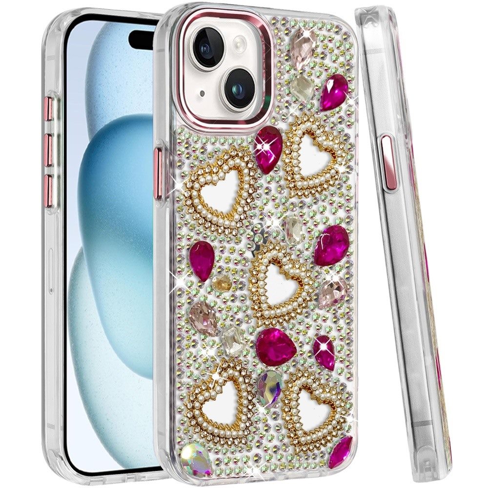 Phone Case for Apple iPhone 15 Plus Luxury Crystal Heart Rhinestone Diamond Bling Shockproof Hybrid Glitter Protective Stylish Durable Grip Cover